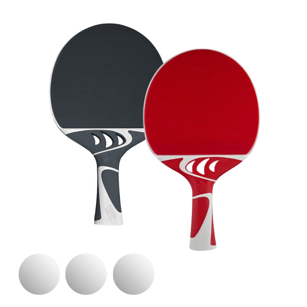 Two Tiger Aqua paddles with three white balls.