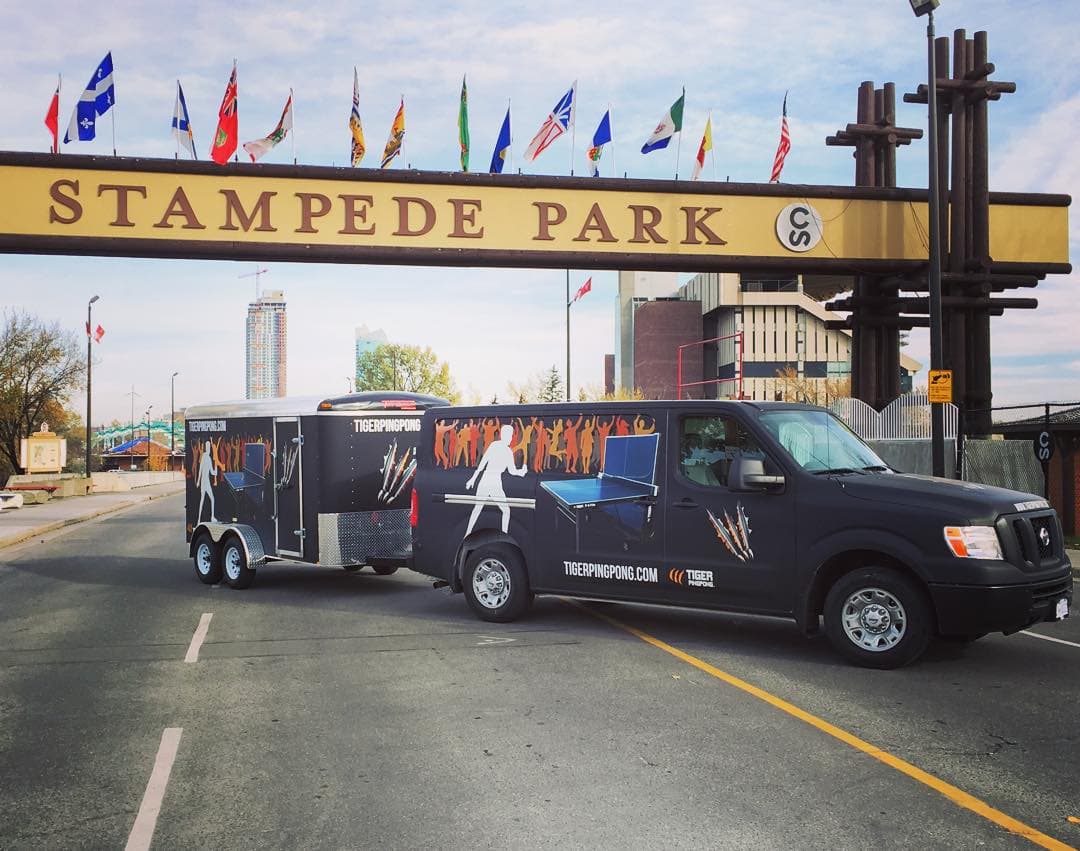 Tiger's wrapped truck and trailer at the entrance to Stampede Park in Calgary.